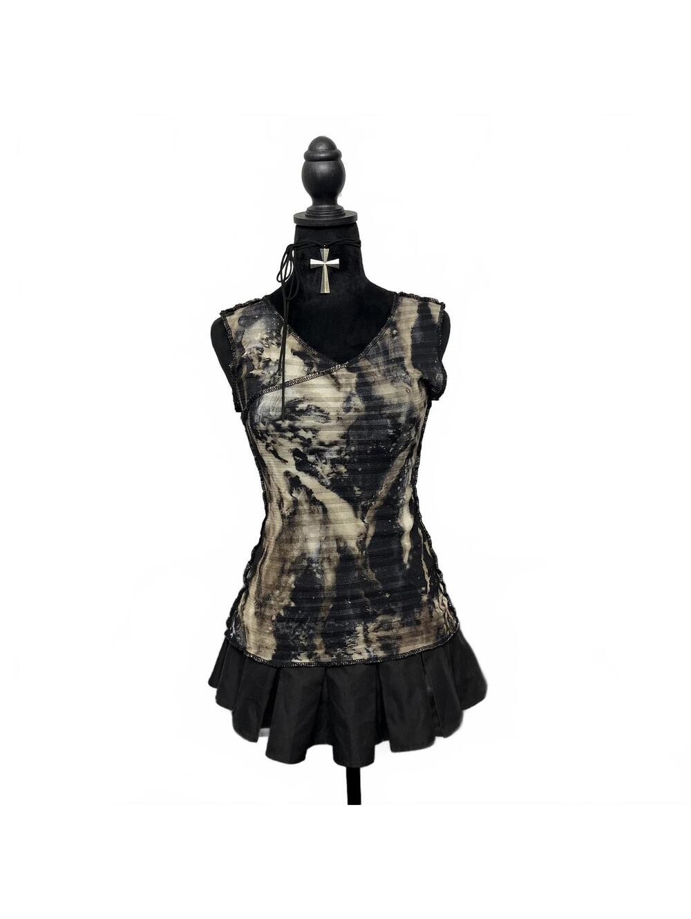 Y2K MNG Sz M Black & Tan Boho Marble Mesh Tank Top Fairy Grunge Whimsy Goth